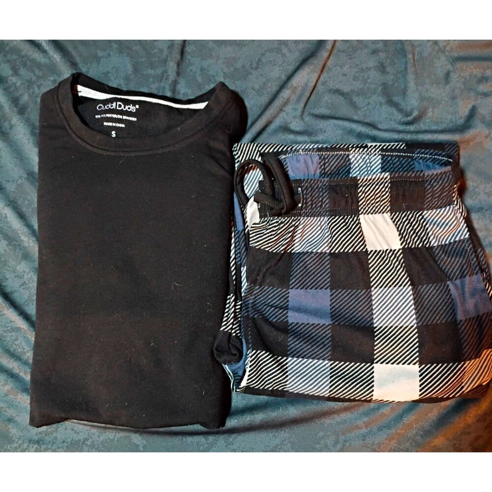 Men's S Cuddl Duds 2pc Pajama Set Blk Long Sleeve Crew + Black White Plaid